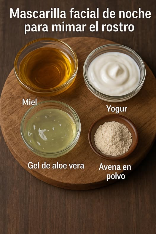 Receta de mascarilla facial de noche con miel, yogur, gel de aloe vera y avena en polvo