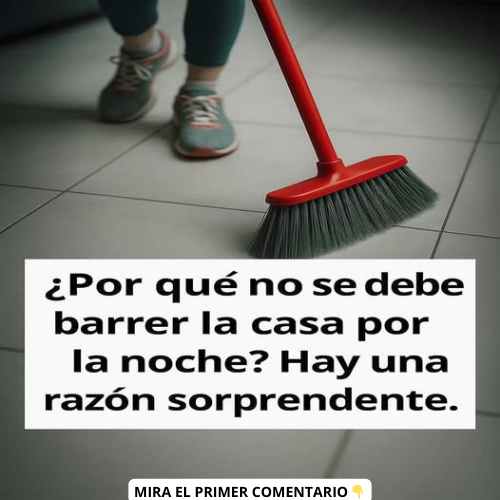 Persona barriendo la casa por la noche