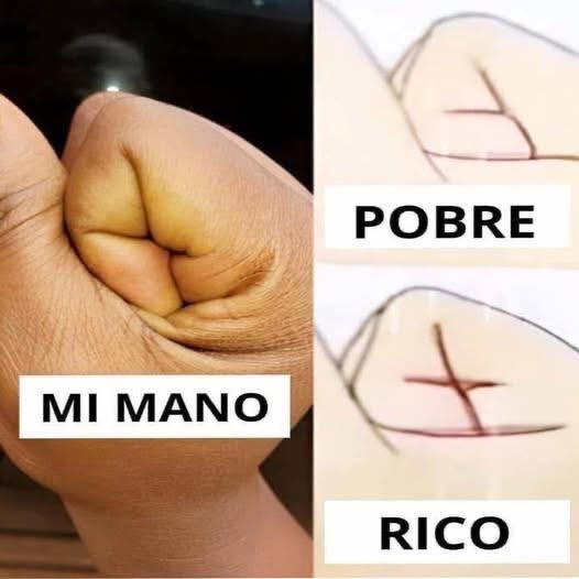 Meme humorístico sobre la riqueza y pobreza en las manos