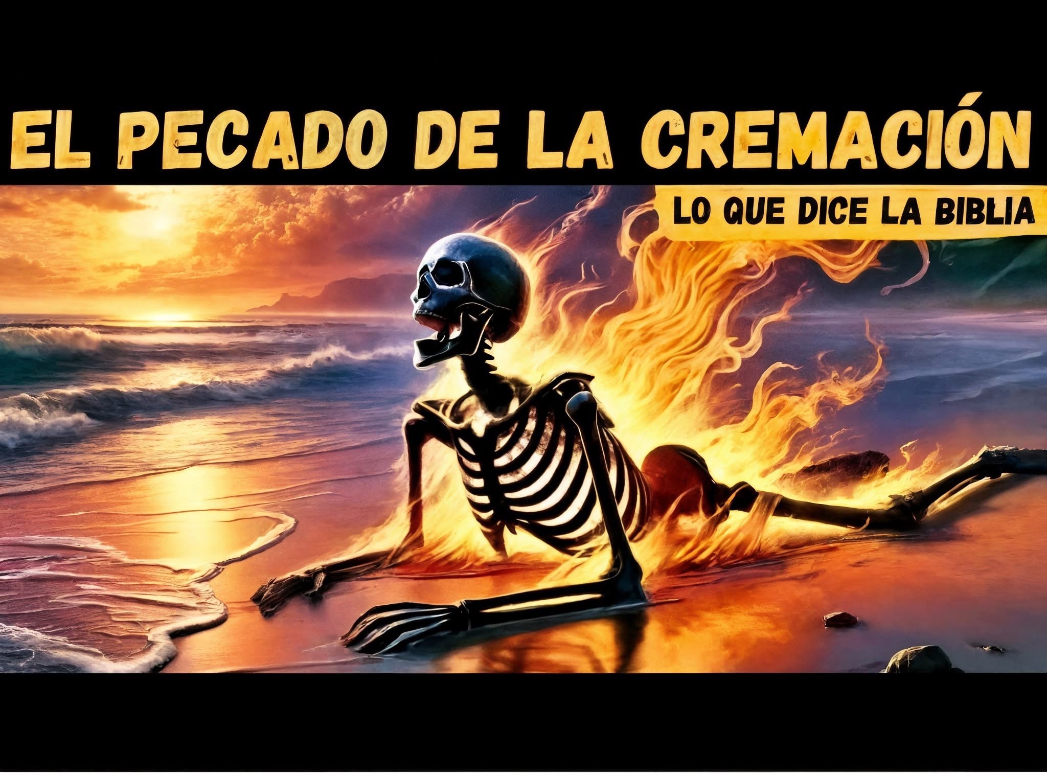 Esqueleto en llamas en una playa al atardecer