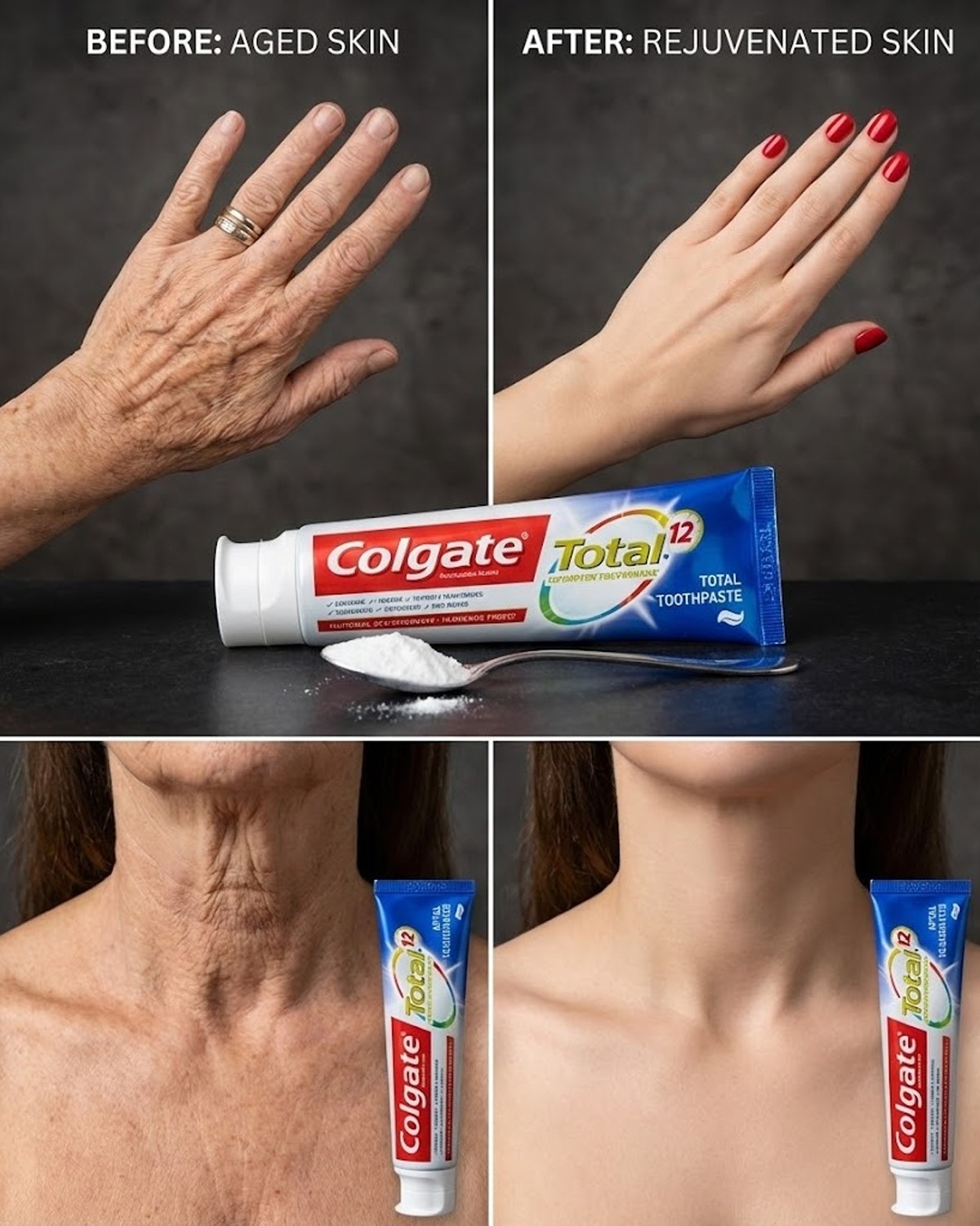 Antes y después de aplicar pasta dental en la piel