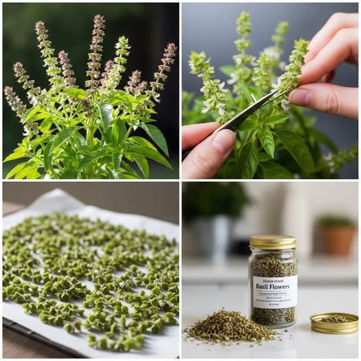 Proceso de recolección de flores de albahaca