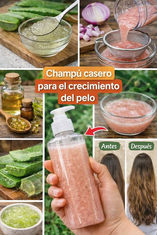 Collage de pasos para crear un champú casero para el crecimiento capilar