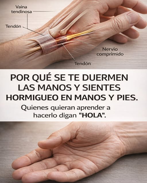 Diagrama de la mano con etiquetas sobre nervios y tendones