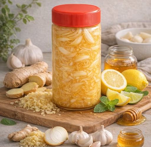 Jarabe natural de jengibre cebolla ajo limón y miel