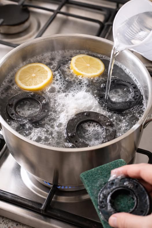 Proceso de limpieza de quemadores con agua caliente y limón