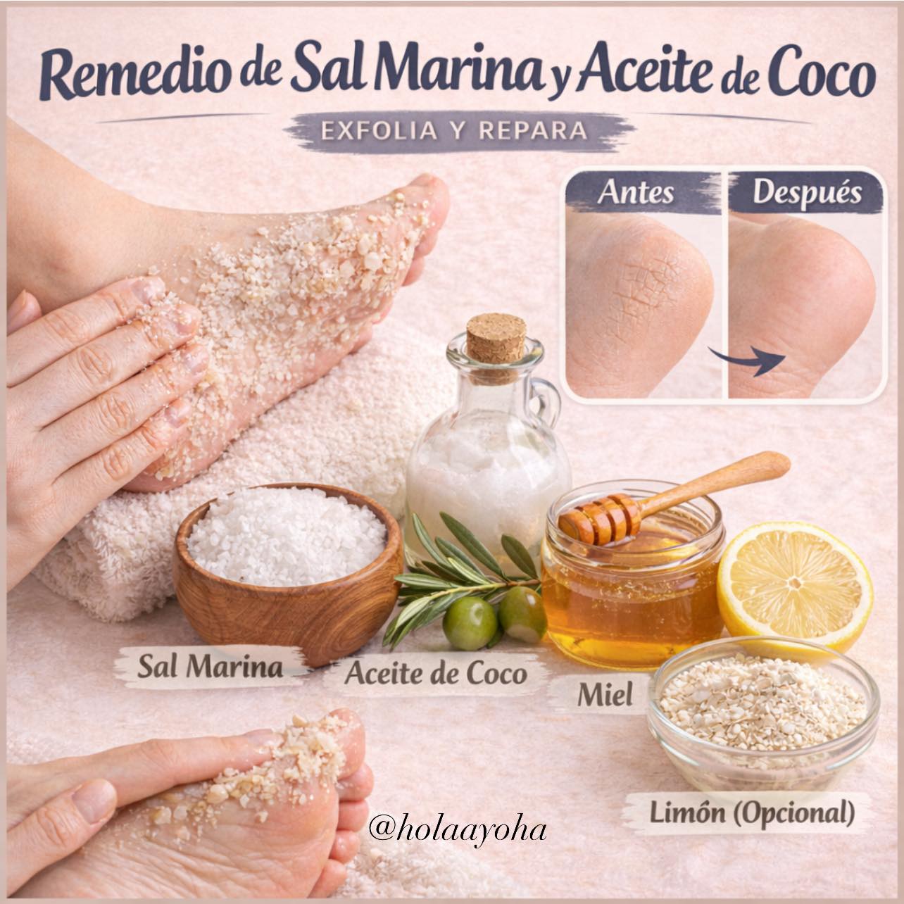 Remedio de sal marina y aceite de coco para exfoliar y reparar pies