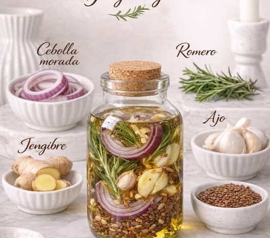 La Maravilla del Aceite Aromatizado para el Cabello con Cebolla Ajo Romero Jengibre y Linaza